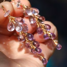 The Orchid Blossom Earrings – Pink Amethyst Long Cluster Earrings in Gold Filled, Wire Wrapped Gemstone Statement Earrings