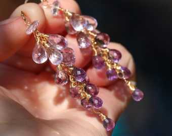 - Pink Amethyst Long Cluster Earrings in Gold Filled, Wire Wrapped Gemstone Statement Earrings