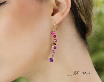 - Pink Purple Gemstone Earrings Cascade, Colorful Long Multi Gemstone Earrings
