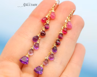 - Pink Purple Gemstone Earrings Cascade, Colorful Long Multi Gemstone Earrings