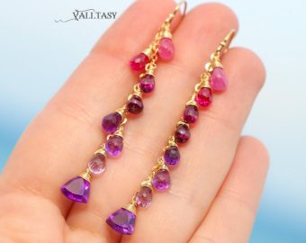 - Pink Purple Gemstone Earrings Cascade, Colorful Long Multi Gemstone Earrings