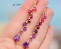 - Pink Purple Gemstone Earrings Cascade, Colorful Long Multi Gemstone Earrings