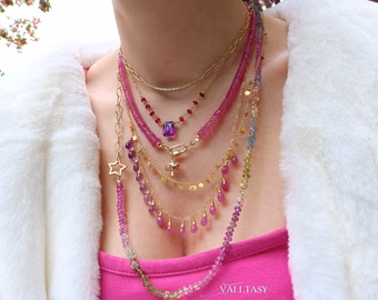 - Pink Sapphire and Purple Amethyst Drop Necklace, Dainty Gemstone Necklace