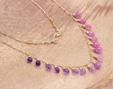 - Pink Sapphire and Purple Amethyst Drop Necklace, Dainty Gemstone Necklace