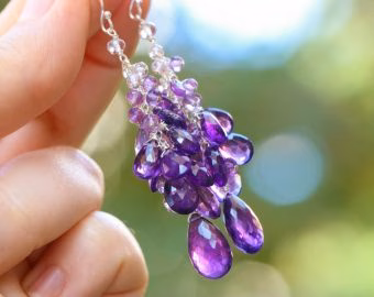- Purple Amethyst Earrings Cascade, Long Cluster Gemstone Earrings