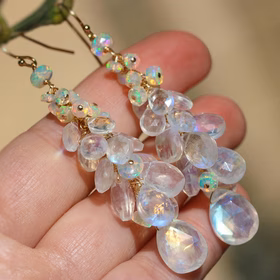 The First Snow Earrings – Rainbow Moonstone and Welo Ethiopian Opal Cascade Cluster Earrings, Long Statement Earrings