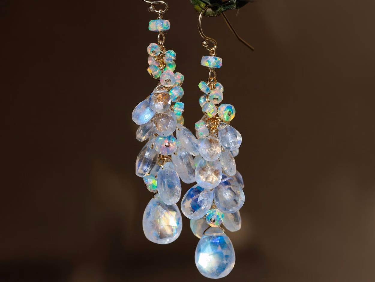 - Rainbow Moonstone and Welo Ethiopian Opal Cascade Cluster Earrings, Long Statement Earrings