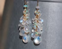 - Rainbow Moonstone and Welo Ethiopian Opal Cascade Cluster Earrings, Long Statement Earrings