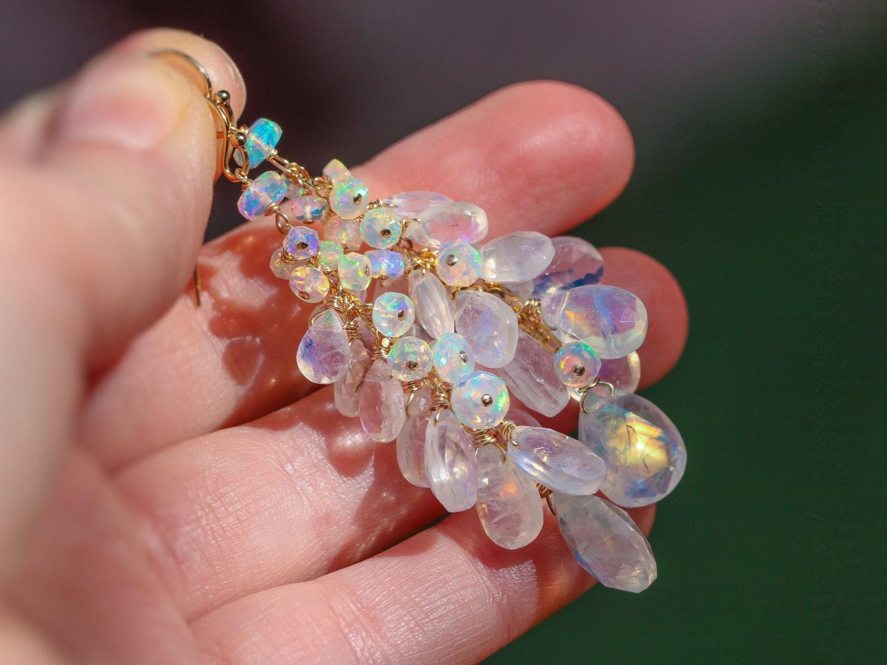 - Rainbow Moonstone and Welo Ethiopian Opal Cascade Cluster Earrings, Long Statement Earrings