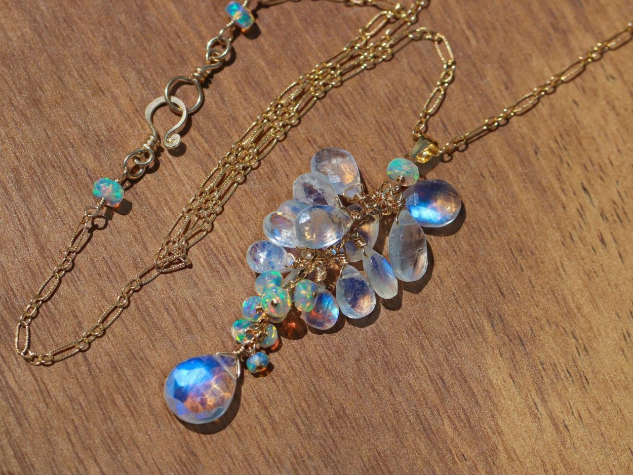 Rainbow Moonstone and Welo Ethiopian Opal Pendant, Cascade