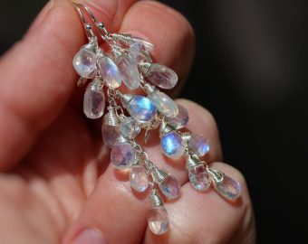 - Rainbow Moonstone Earrings, Blue Fire Moonstone Dangle Earrings