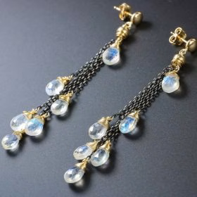 The Bright Night Earrings – Rainbow Moonstone Earrings with Mixed Metals, Moonstone Cascade Earrings