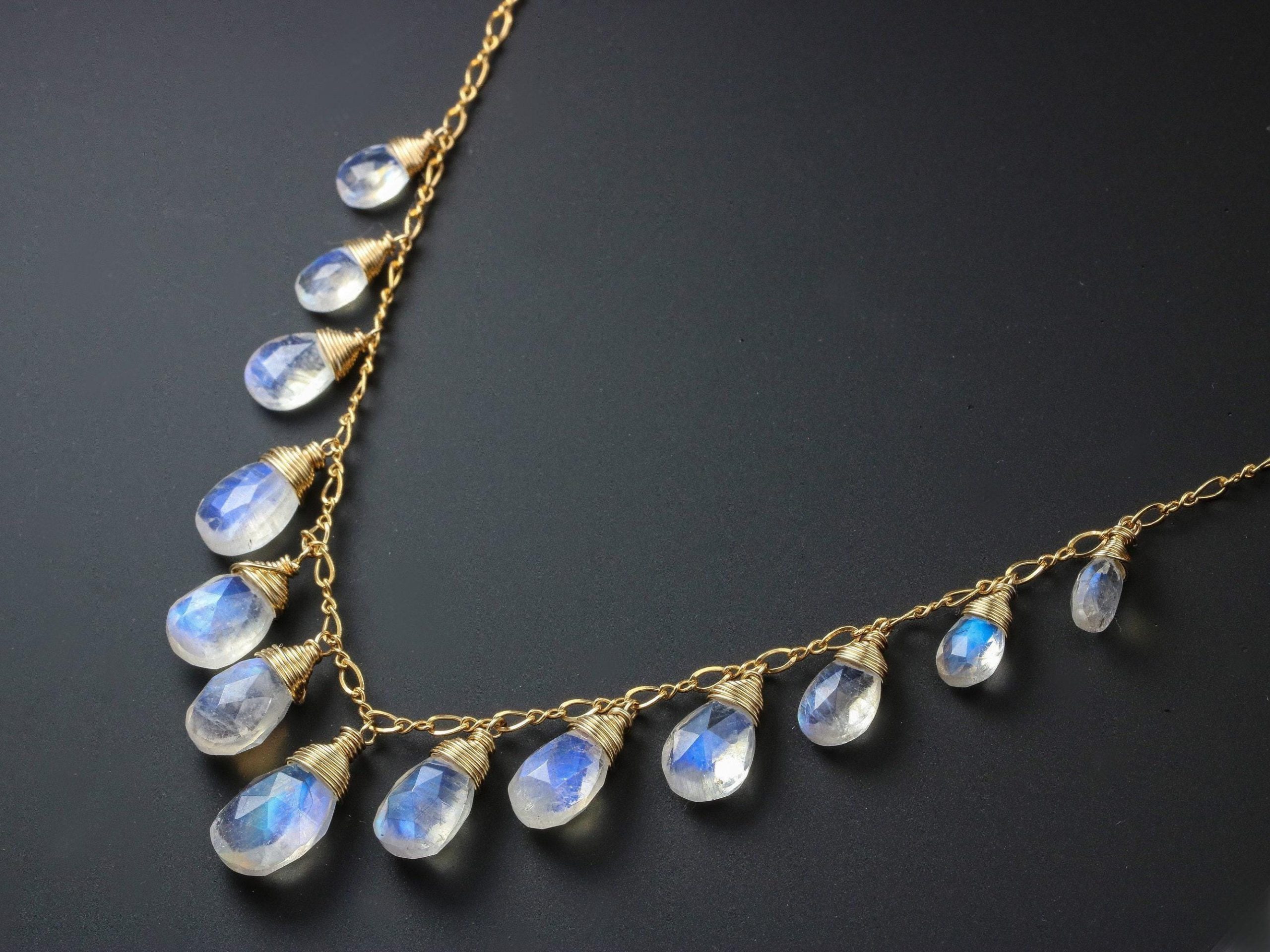 - Rainbow Moonstone Necklace, Gold Filled Drop Necklace, Statement Necklace