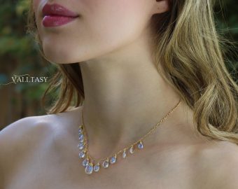 - Rainbow Moonstone Necklace, Gold Filled Drop Necklace, Statement Necklace