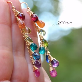 The Lost Paradise Earrings - Rainbow Multi Gemstone Drop Earrings, Linear Gemstone Earrings