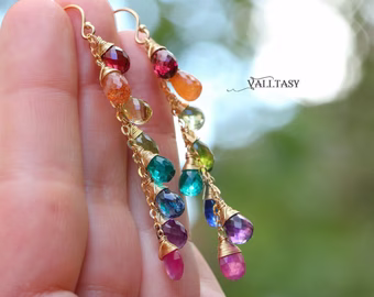 - Rainbow Multi Gemstone Drop Earrings, Linear Gemstone Earrings