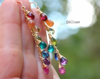 - Rainbow Multi Gemstone Drop Earrings, Linear Gemstone Earrings
