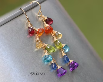 - Rainbow Multi Gemstone Drop Earrings, Linear Gemstone Earrings