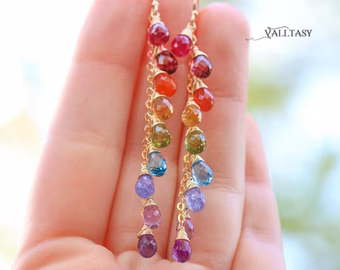 - Rainbow Multi Gemstone Drop Earrings, Linear Gemstone Earrings