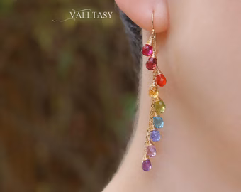 - Rainbow Multi Gemstone Drop Earrings, Linear Gemstone Earrings