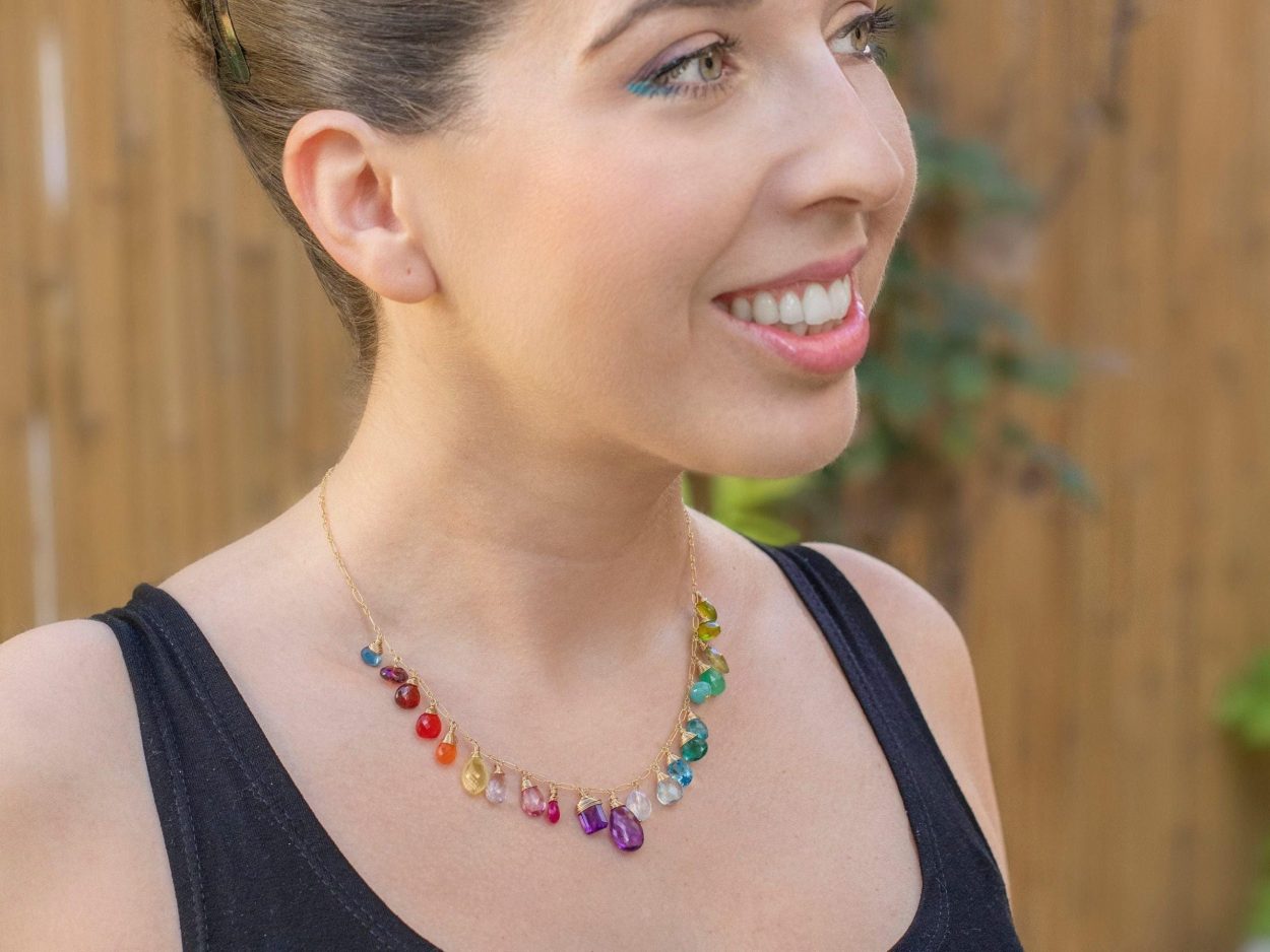 - Rainbow Multi Gemstone Necklace in Gold Filled, Precious Drop Necklace
