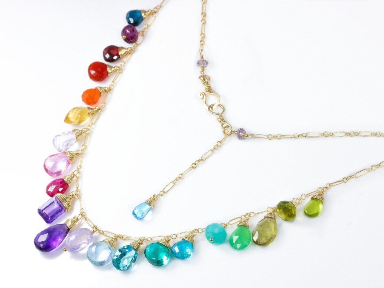 - Rainbow Multi Gemstone Necklace in Gold Filled, Precious Drop Necklace