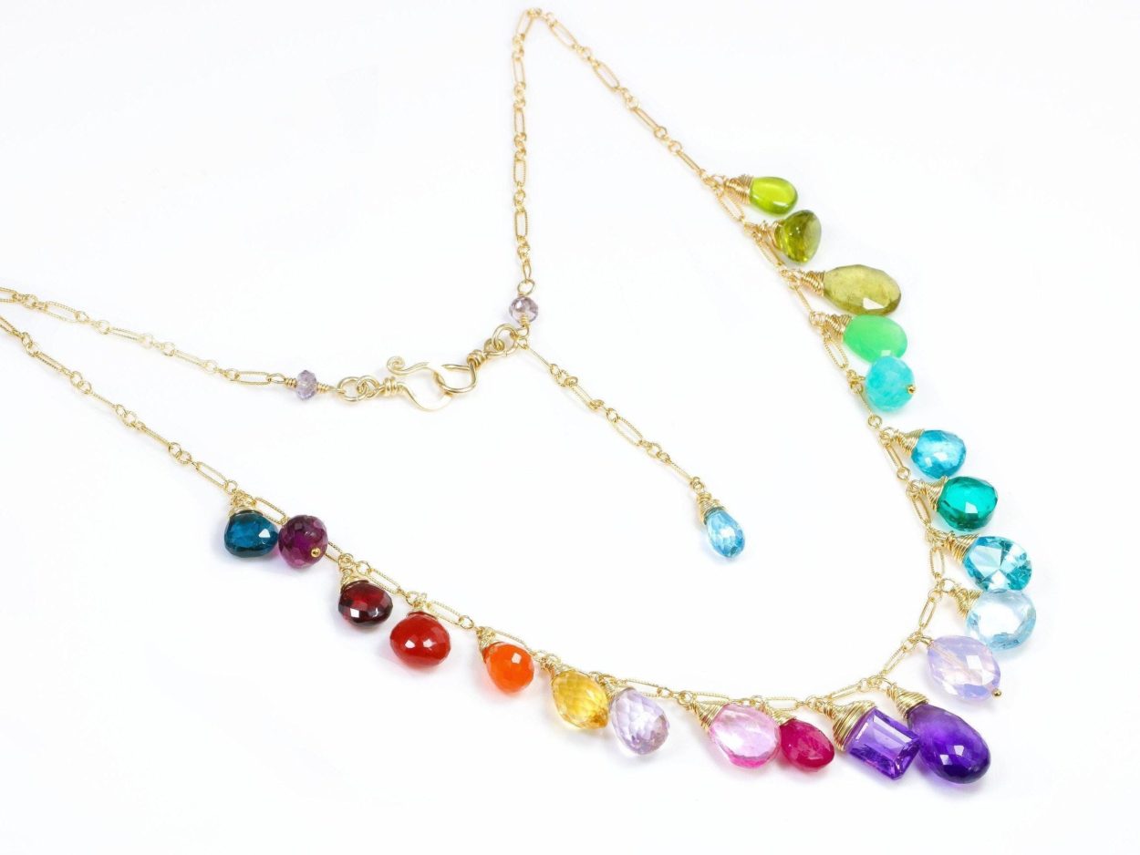- Rainbow Multi Gemstone Necklace in Gold Filled, Precious Drop Necklace