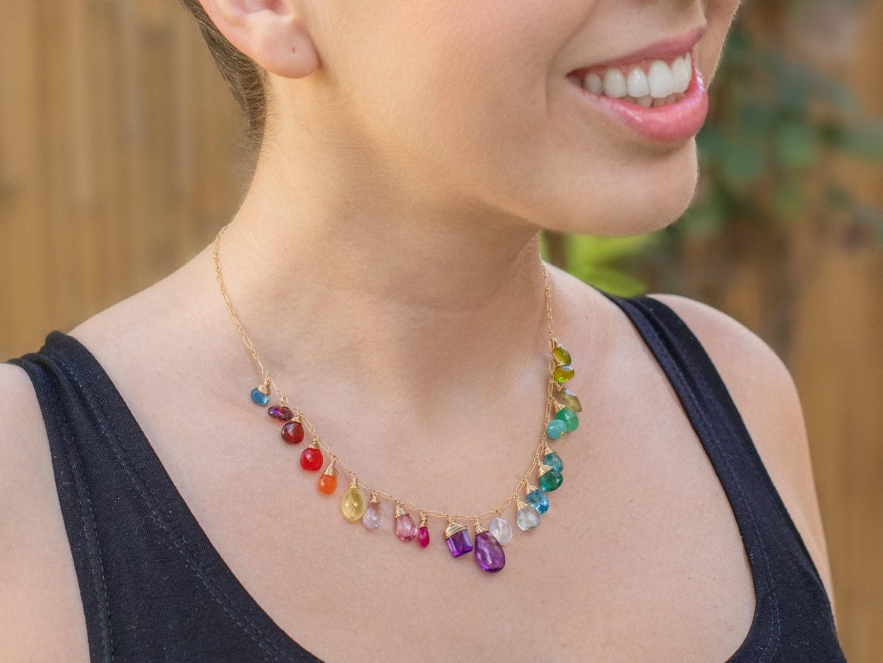 - Rainbow Multi Gemstone Necklace in Gold Filled, Precious Drop Necklace