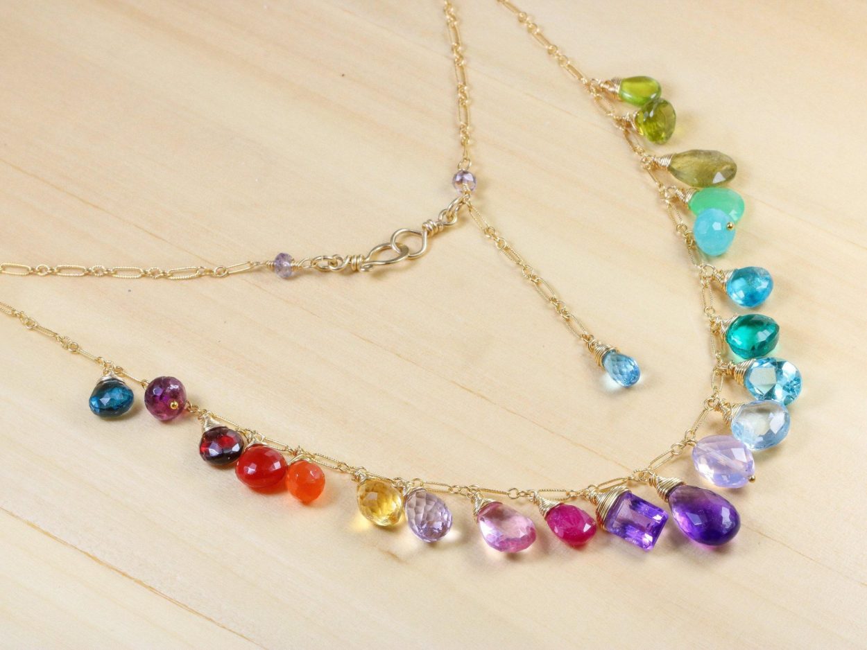 - Rainbow Multi Gemstone Necklace in Gold Filled, Precious Drop Necklace
