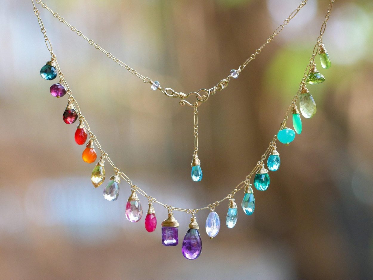 - Rainbow Multi Gemstone Necklace in Gold Filled, Precious Drop Necklace