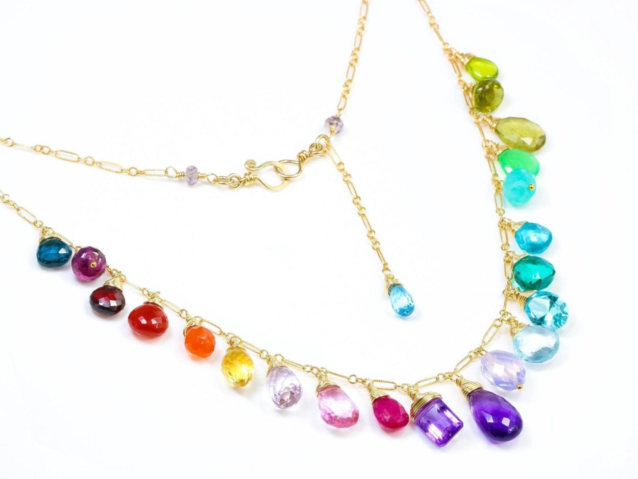 - Rainbow Multi Gemstone Necklace in Gold Filled, Precious Drop Necklace