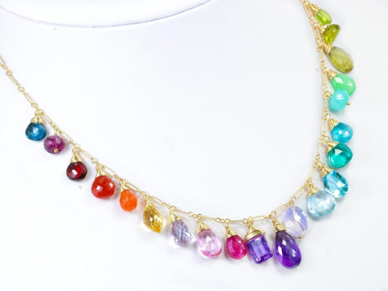- Rainbow Multi Gemstone Necklace in Gold Filled, Precious Drop Necklace