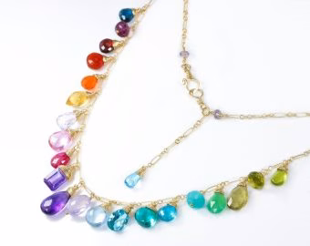 - Rainbow Multi Gemstone Necklace in Gold Filled, Precious Drop Necklace