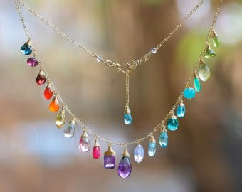 - Rainbow Multi Gemstone Necklace in Gold Filled, Precious Drop Necklace