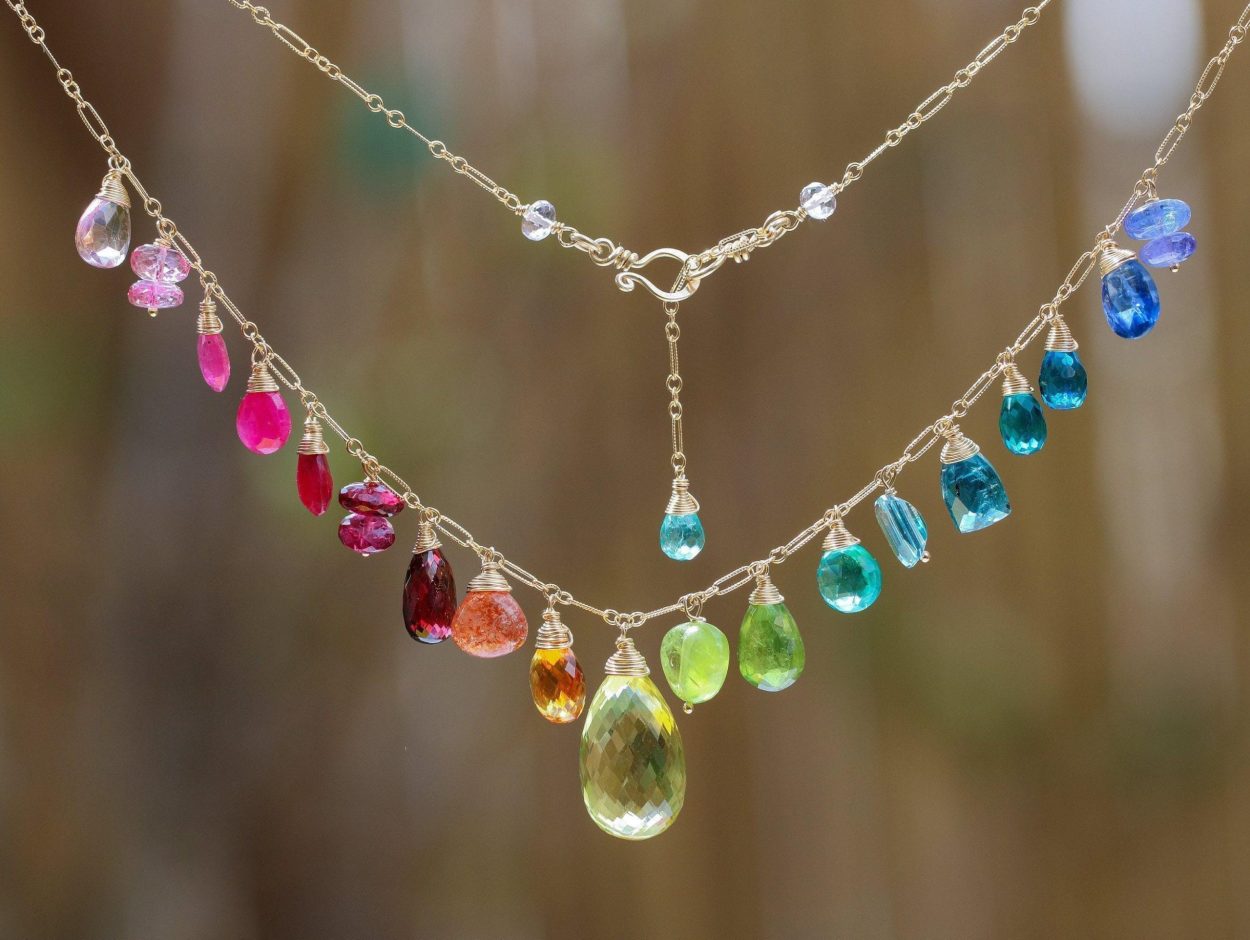 - Rainbow Multi Gemstone Necklace in Gold Filled, Precious Drop Necklace