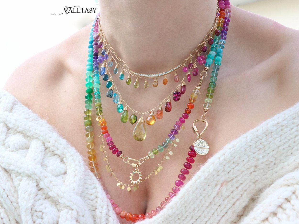 - Rainbow Multi Gemstone Necklace in Gold Filled, Precious Drop Necklace
