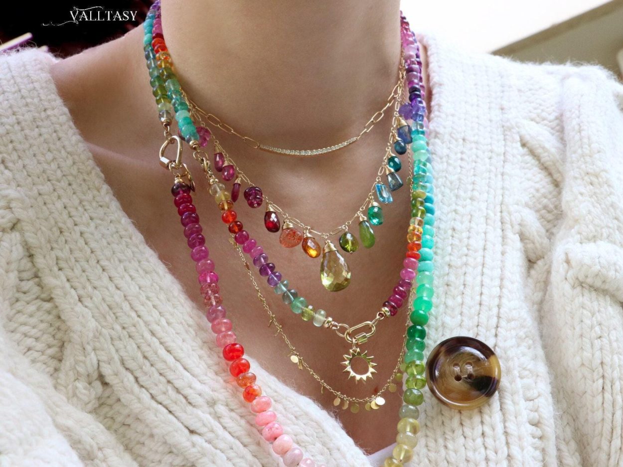 - Rainbow Multi Gemstone Necklace in Gold Filled, Precious Drop Necklace