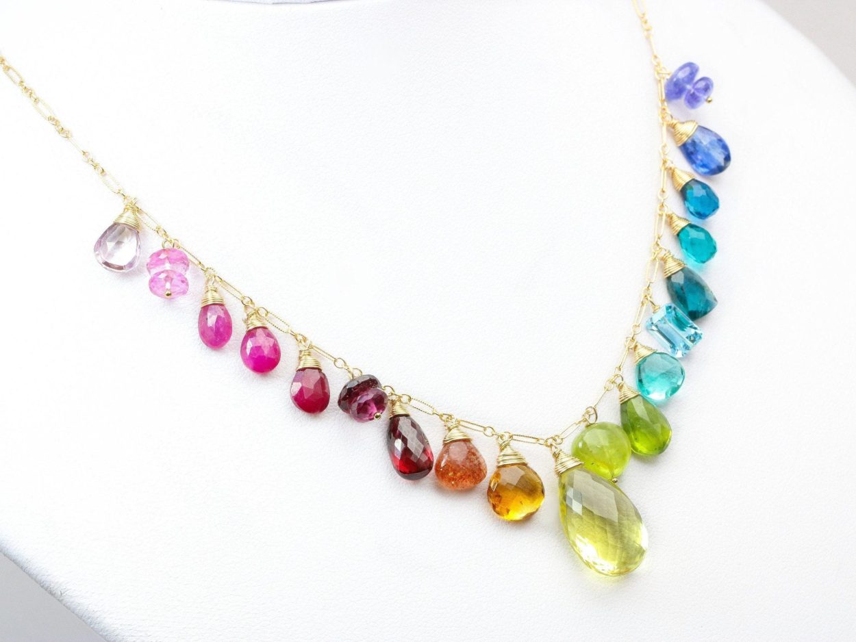 - Rainbow Multi Gemstone Necklace in Gold Filled, Precious Drop Necklace
