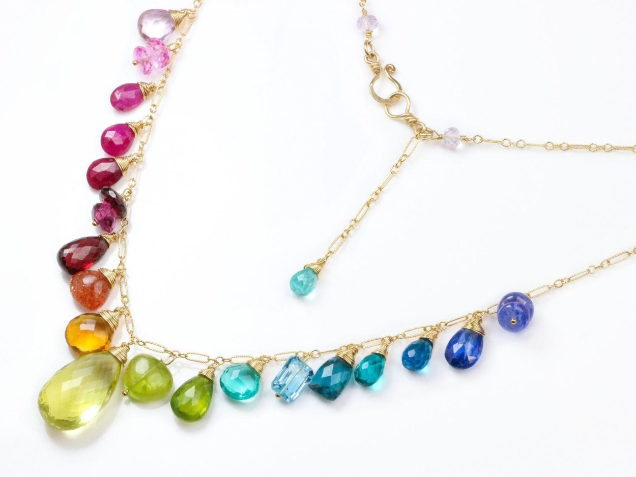 - Rainbow Multi Gemstone Necklace in Gold Filled, Precious Drop Necklace