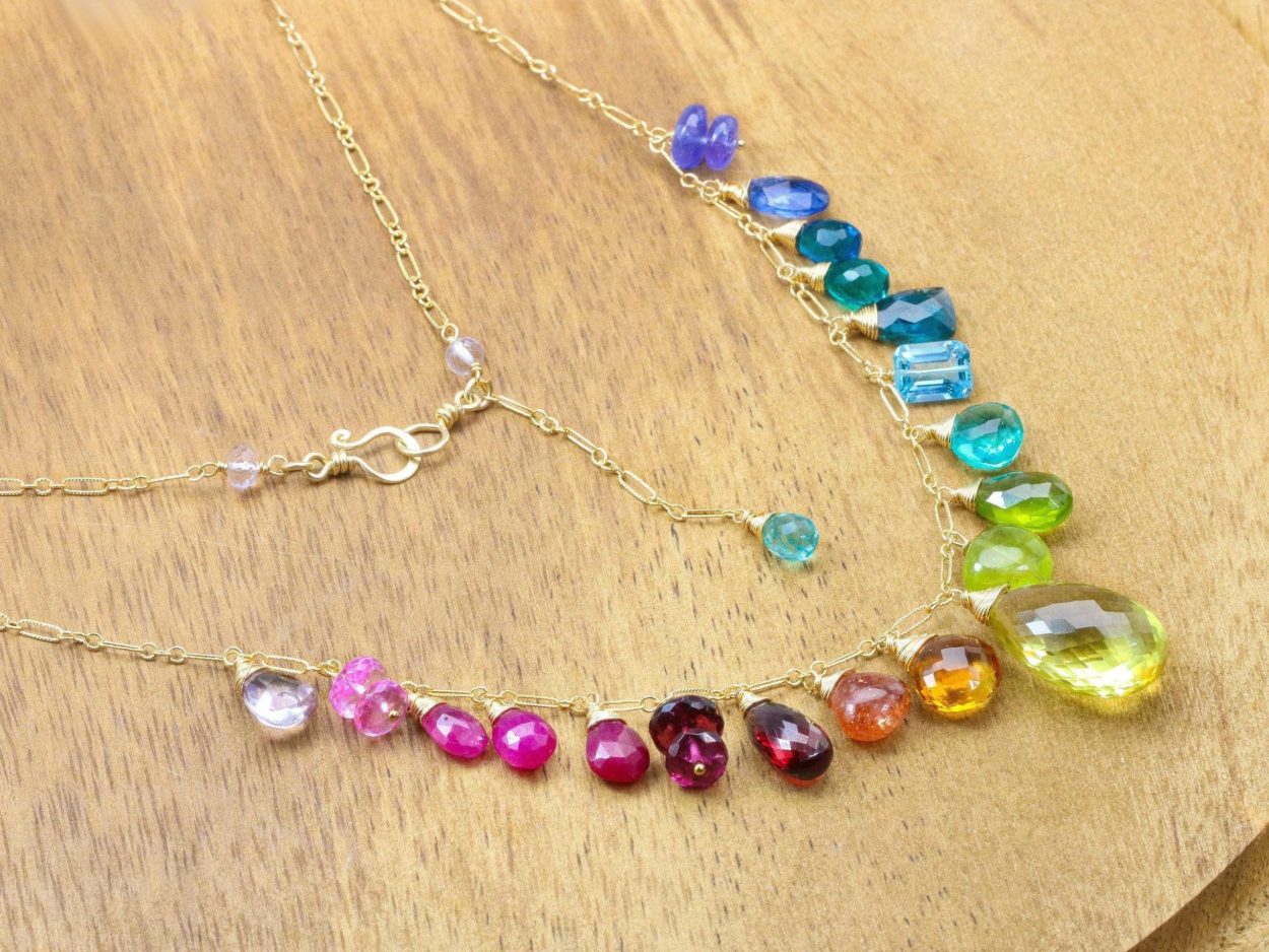 - Rainbow Multi Gemstone Necklace in Gold Filled, Precious Drop Necklace
