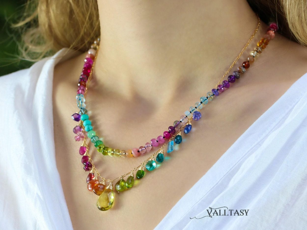 - Rainbow Multi Gemstone Necklace in Gold Filled, Precious Drop Necklace
