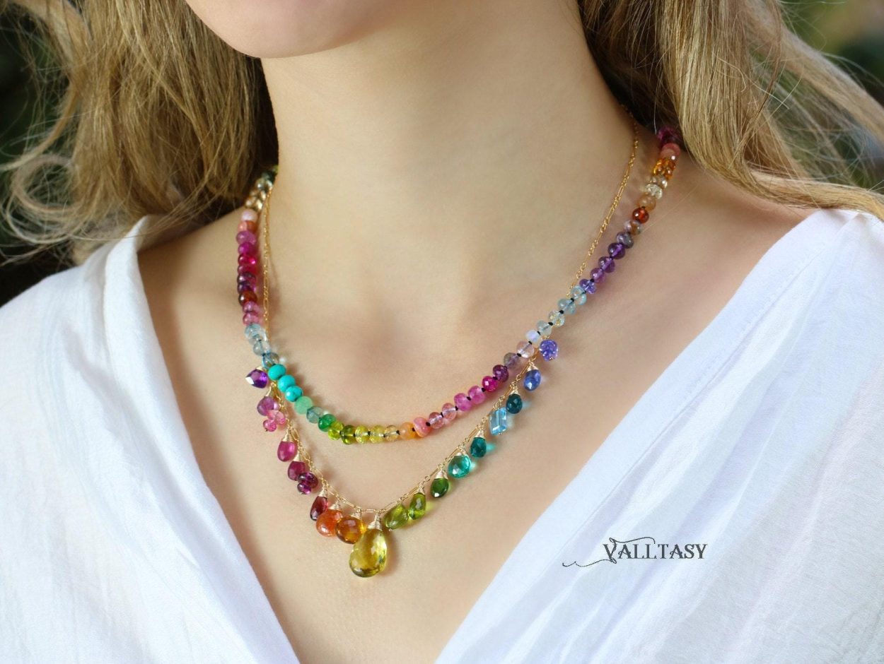 - Rainbow Multi Gemstone Necklace in Gold Filled, Precious Drop Necklace