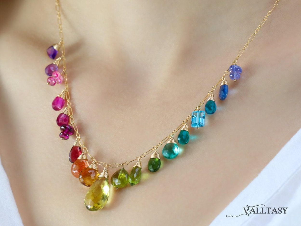 - Rainbow Multi Gemstone Necklace in Gold Filled, Precious Drop Necklace