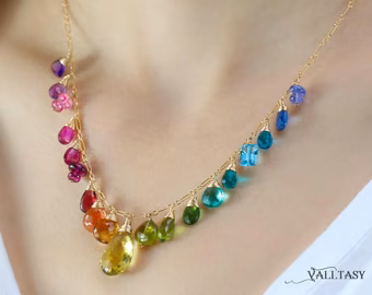 - Rainbow Multi Gemstone Necklace in Gold Filled, Precious Drop Necklace