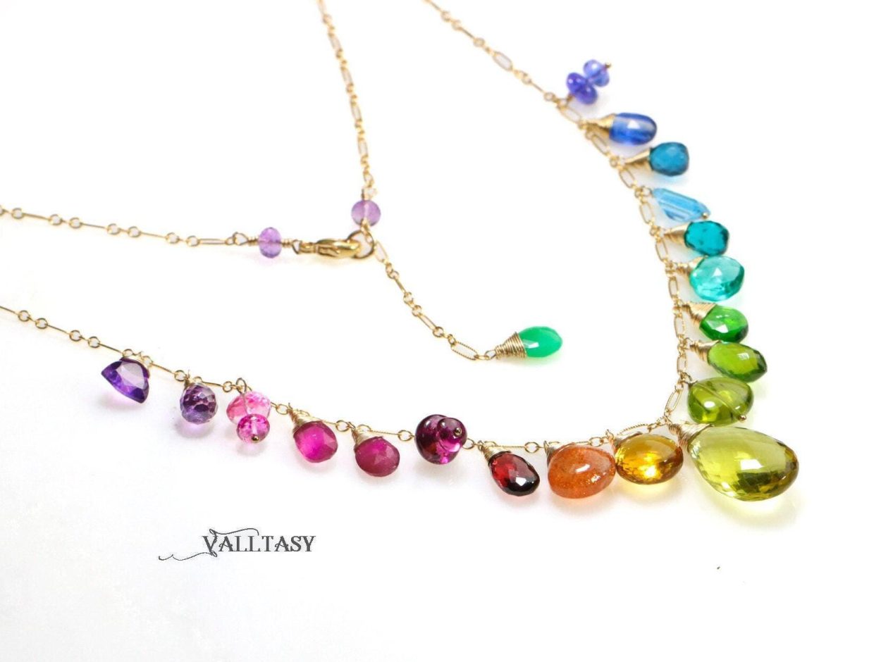 - Rainbow Multi Gemstone Necklace in Gold Filled, Precious Drop Necklace