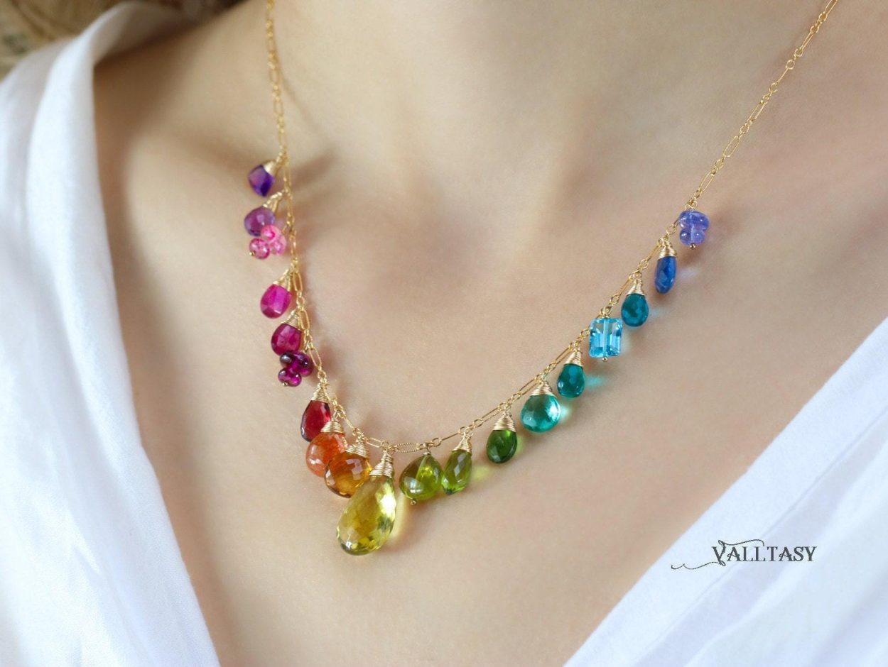 - Rainbow Multi Gemstone Necklace in Gold Filled, Precious Drop Necklace