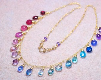- Rainbow Multi Gemstone Necklace in Gold Filled, Precious Drop Necklace