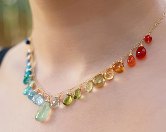 - Rainbow Multi Gemstone Necklace in Gold Filled, Precious Drop Necklace