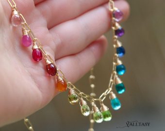 - Rainbow Precious Drop Gemstone Necklace, Colorful Necklace with a Paperclip Chain