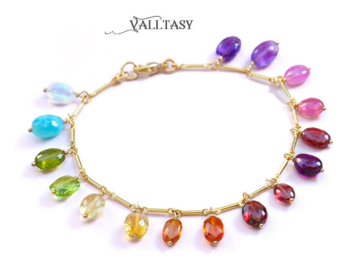- Rainbow Precious Gemstone Bracelet, Multi Stone Chain Bracelet